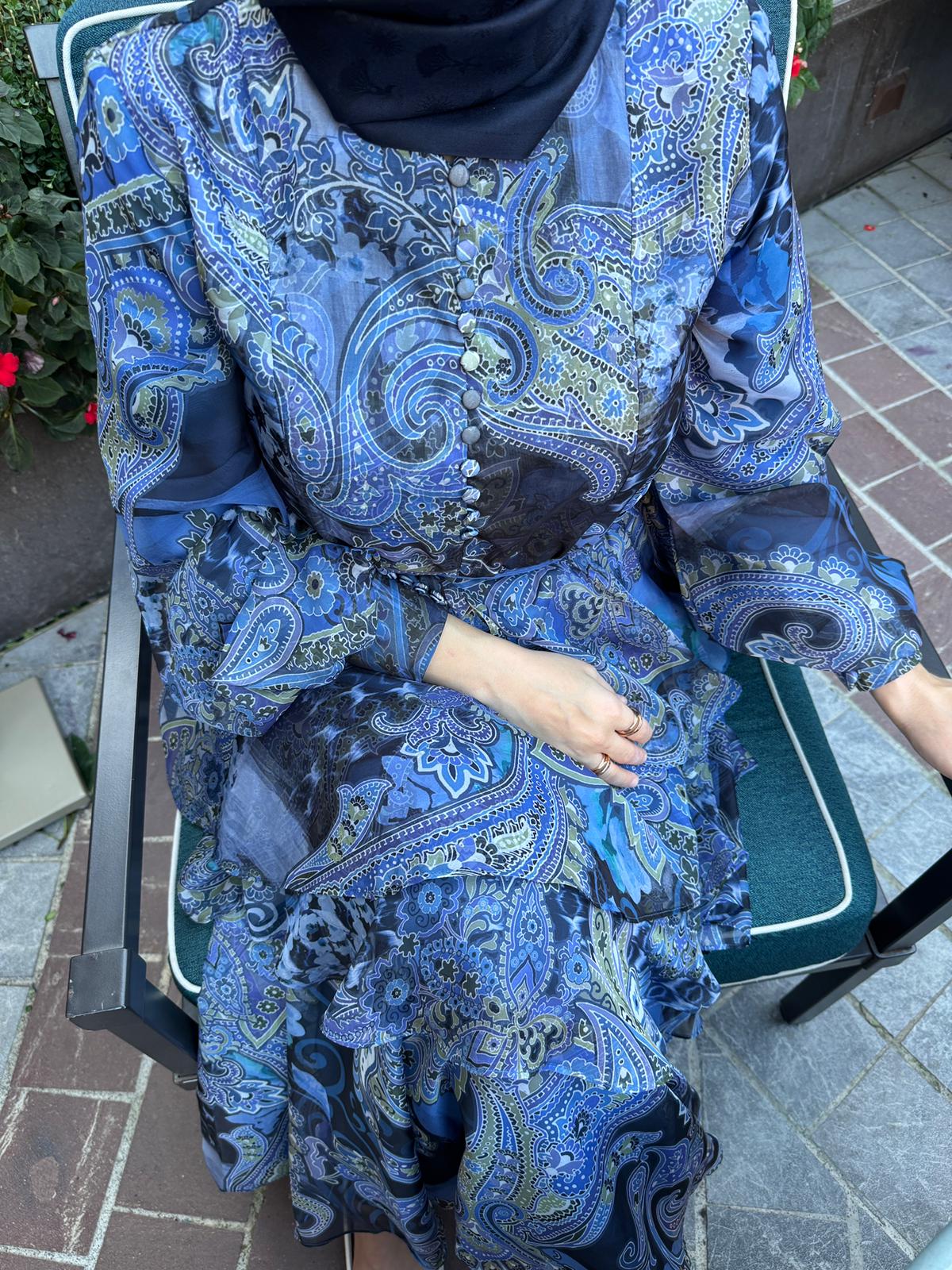 ROSE MARİN İPEK ŞİFON DRESS LACİVERT ETRO DESEN