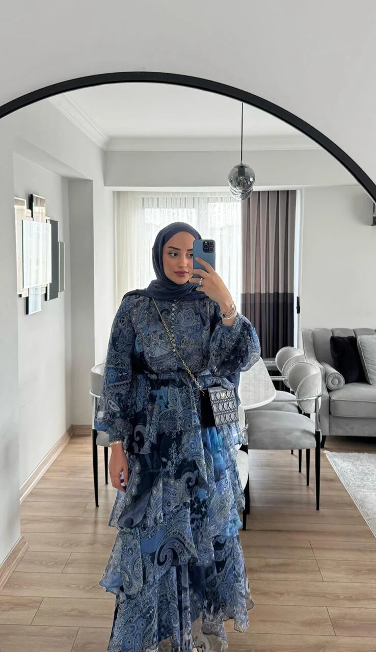 ROSE MARİN İPEK ŞİFON DRESS LACİVERT ETRO DESEN