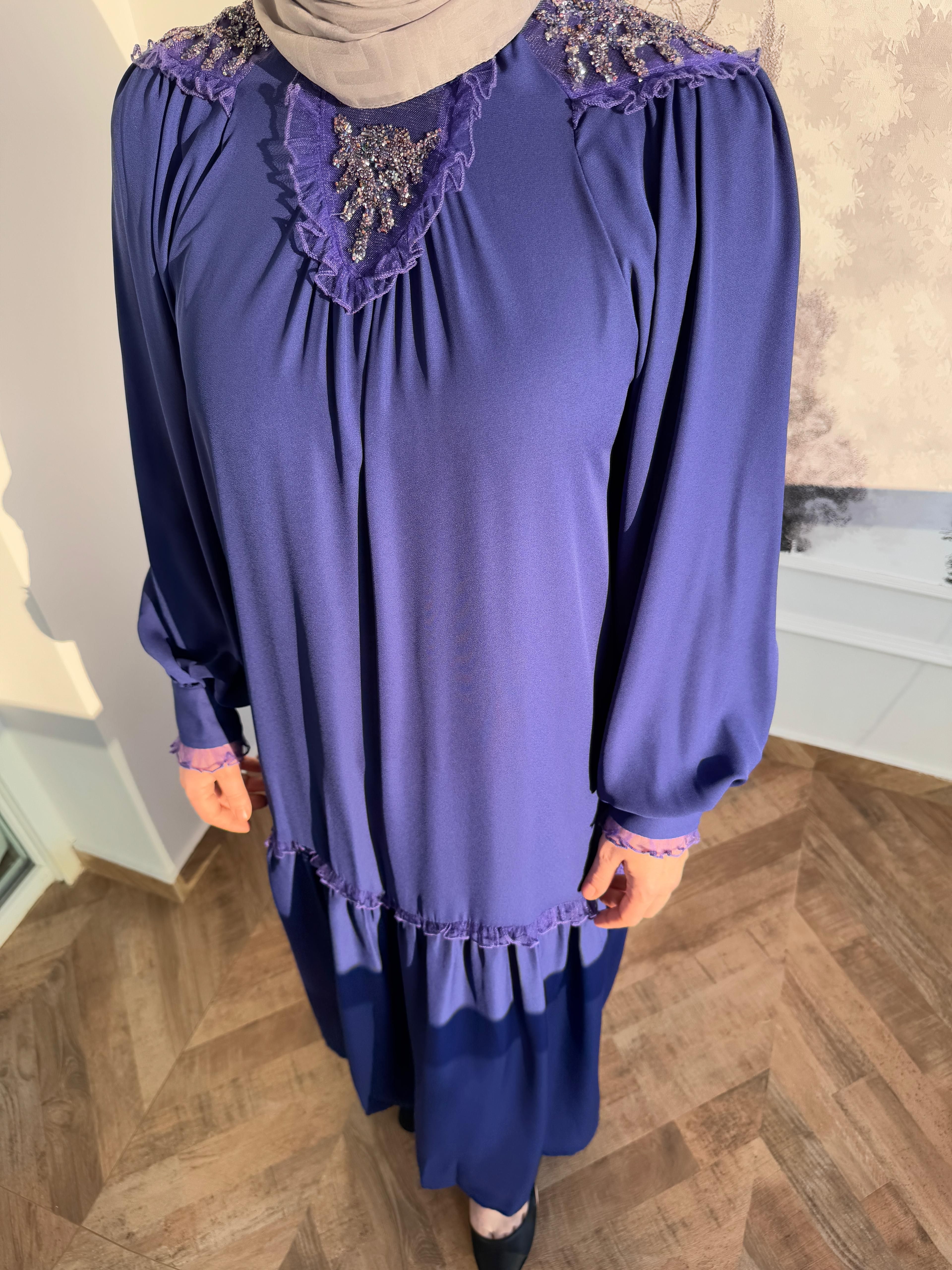 TAŞ DETAYLI ELBİSE MOR