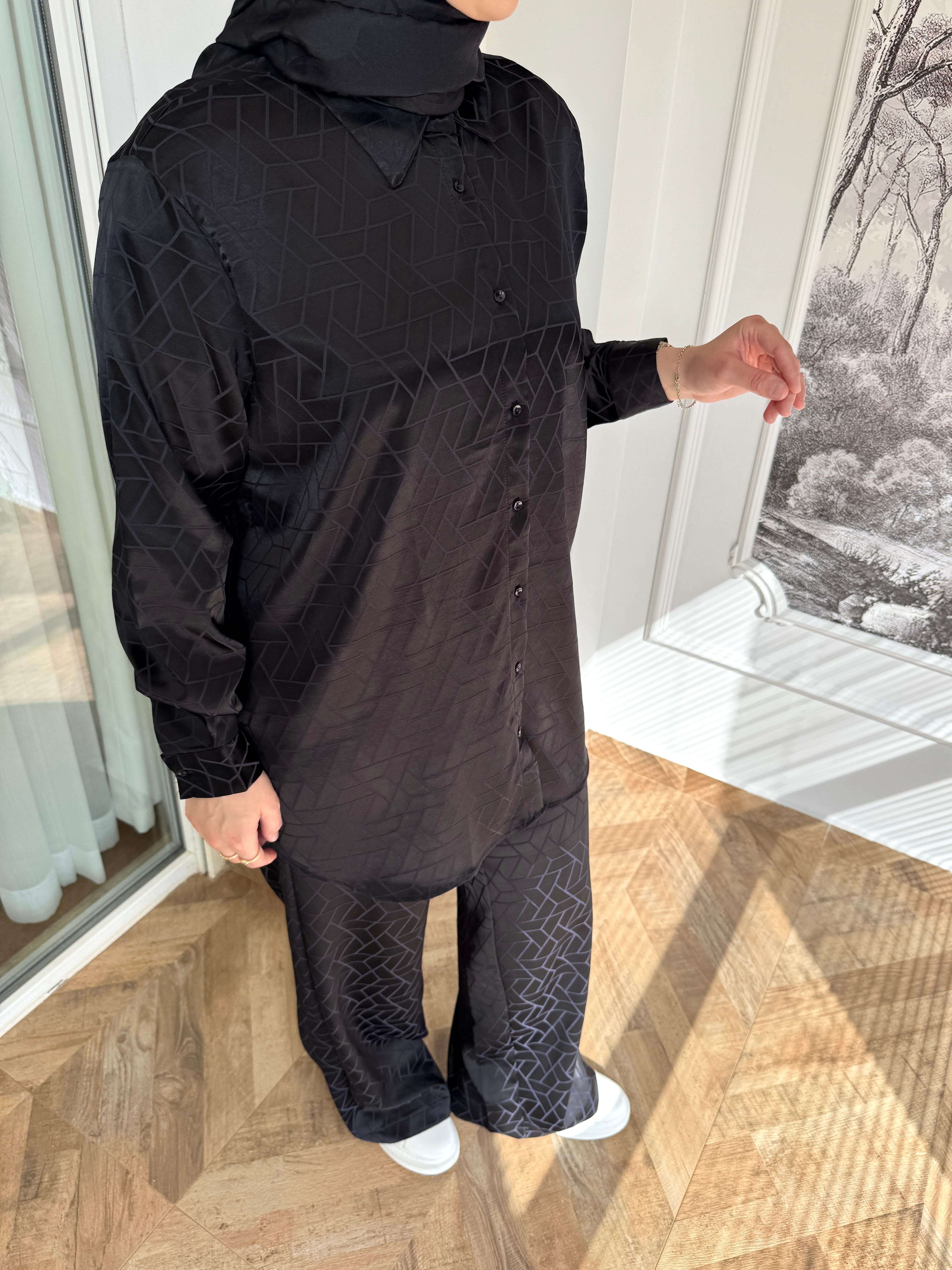 %100 VİSKON GEOMETRİK TAKIM SİYAH