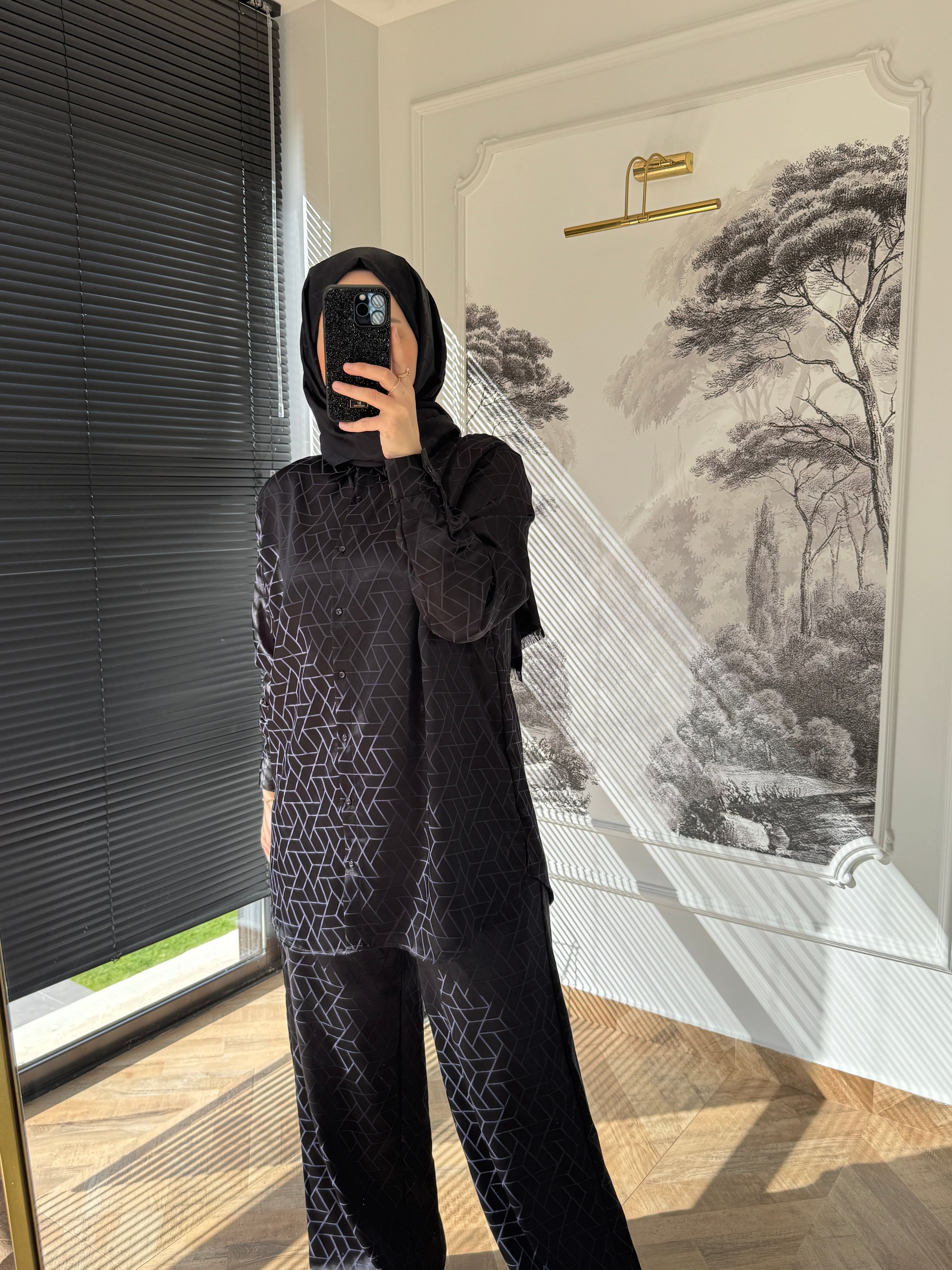 %100 VİSKON GEOMETRİK TAKIM SİYAH