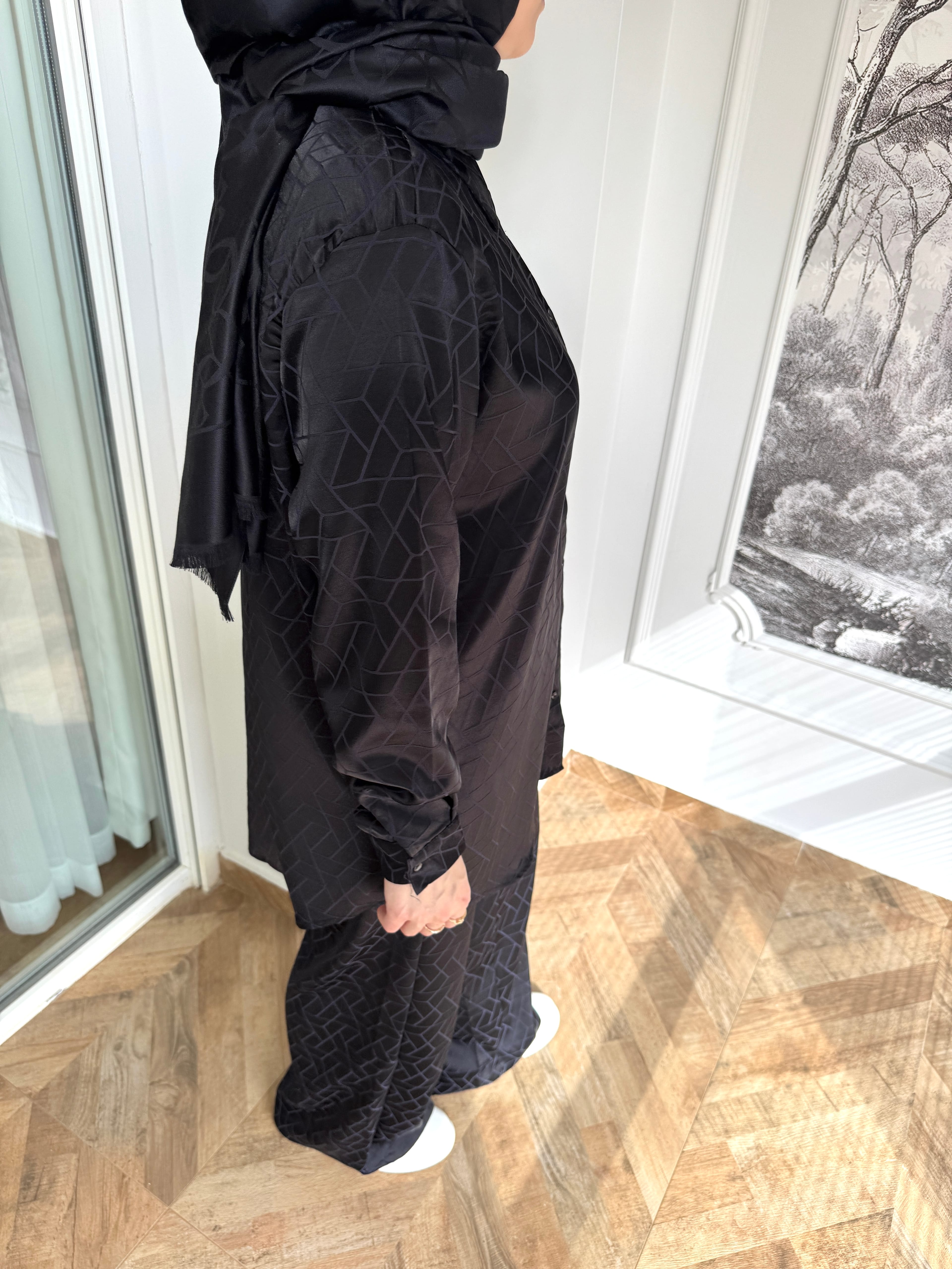 %100 VİSKON GEOMETRİK TAKIM SİYAH