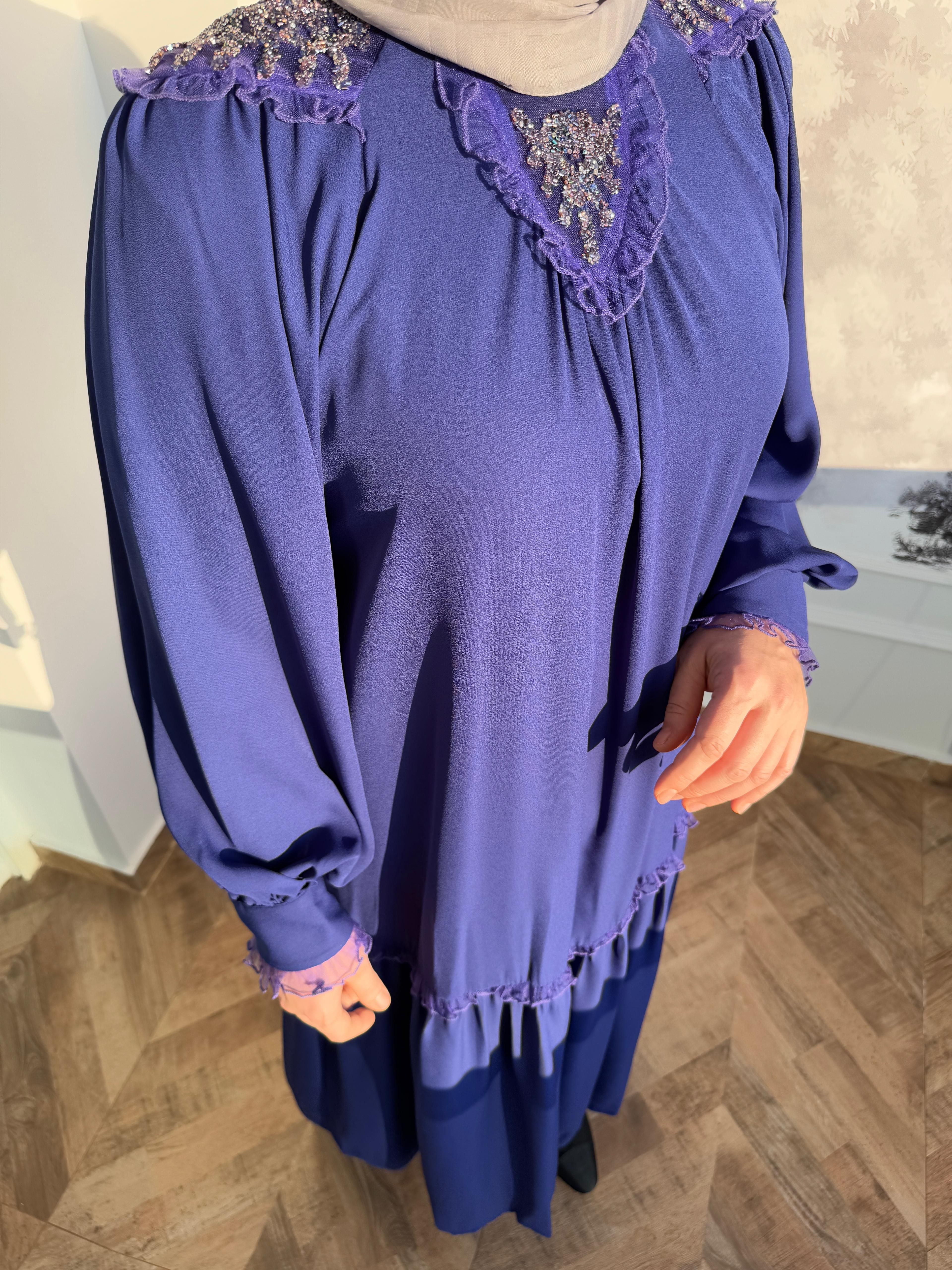 TAŞ DETAYLI ELBİSE MOR