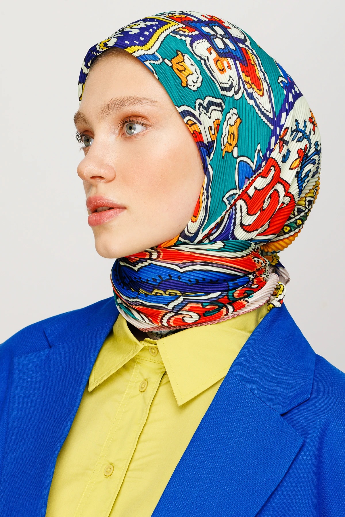 وشاح مطوي بنقشة 40 رقعة - فيروزي