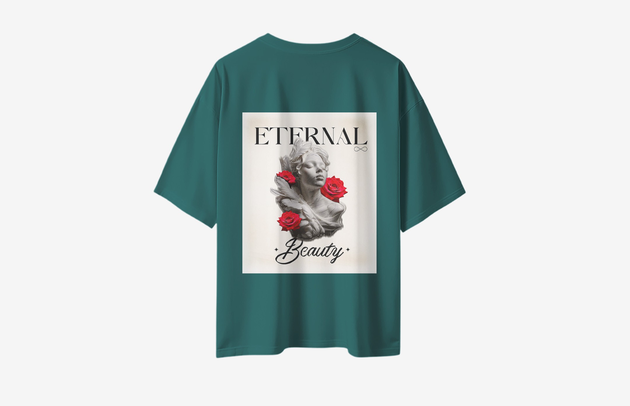 Eternal Beauty Sırt Baskılı Oversized T-Shirt - Koyu Yeşil