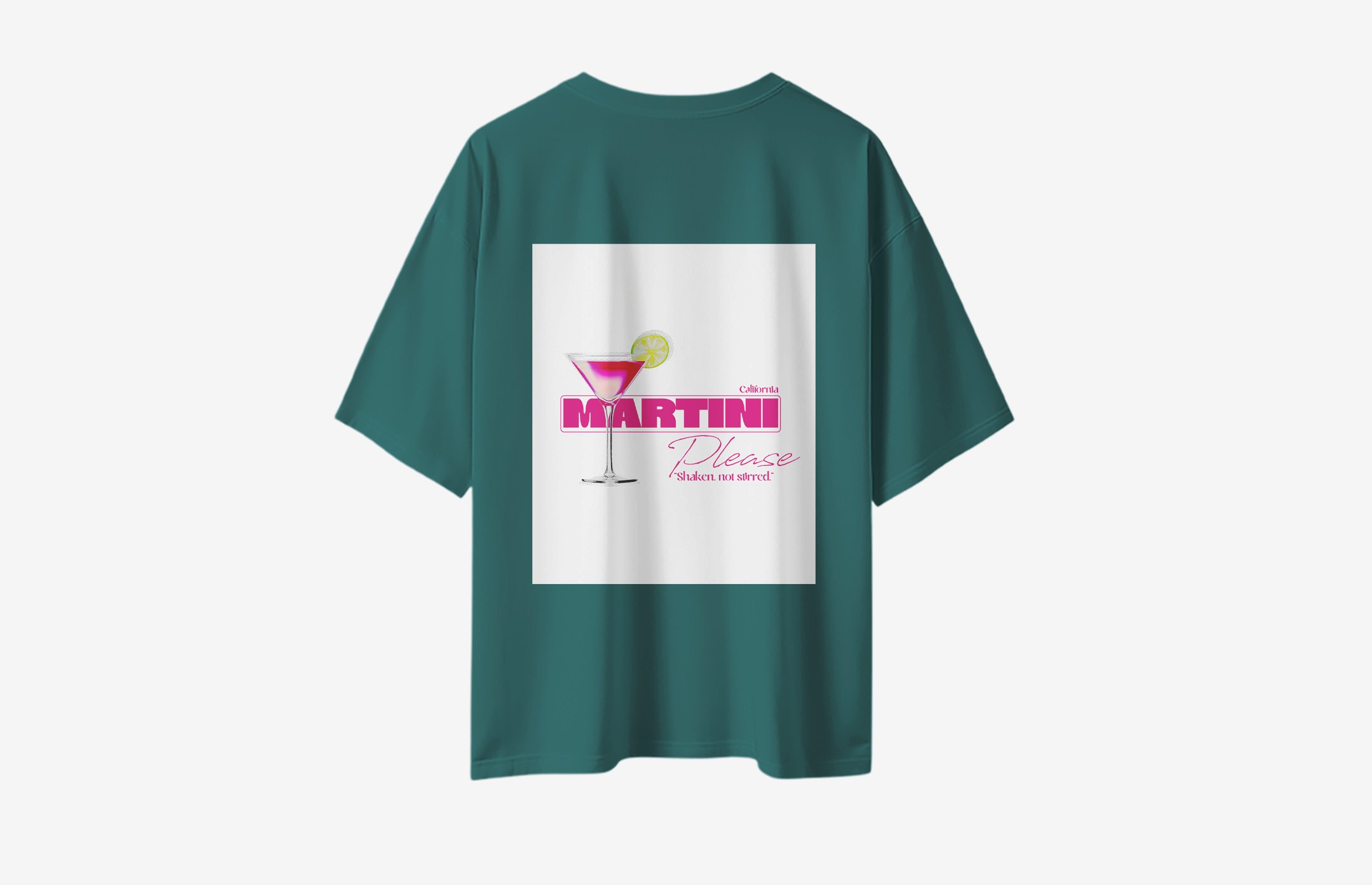 Martini Please Sırt Baskılı Oversized T-Shirt - Koyu Yeşil