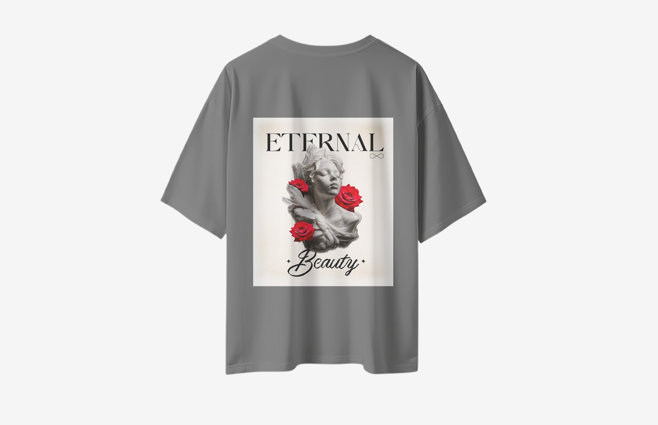 Eternal Beauty Sırt Baskılı Oversized T-Shirt - Gri