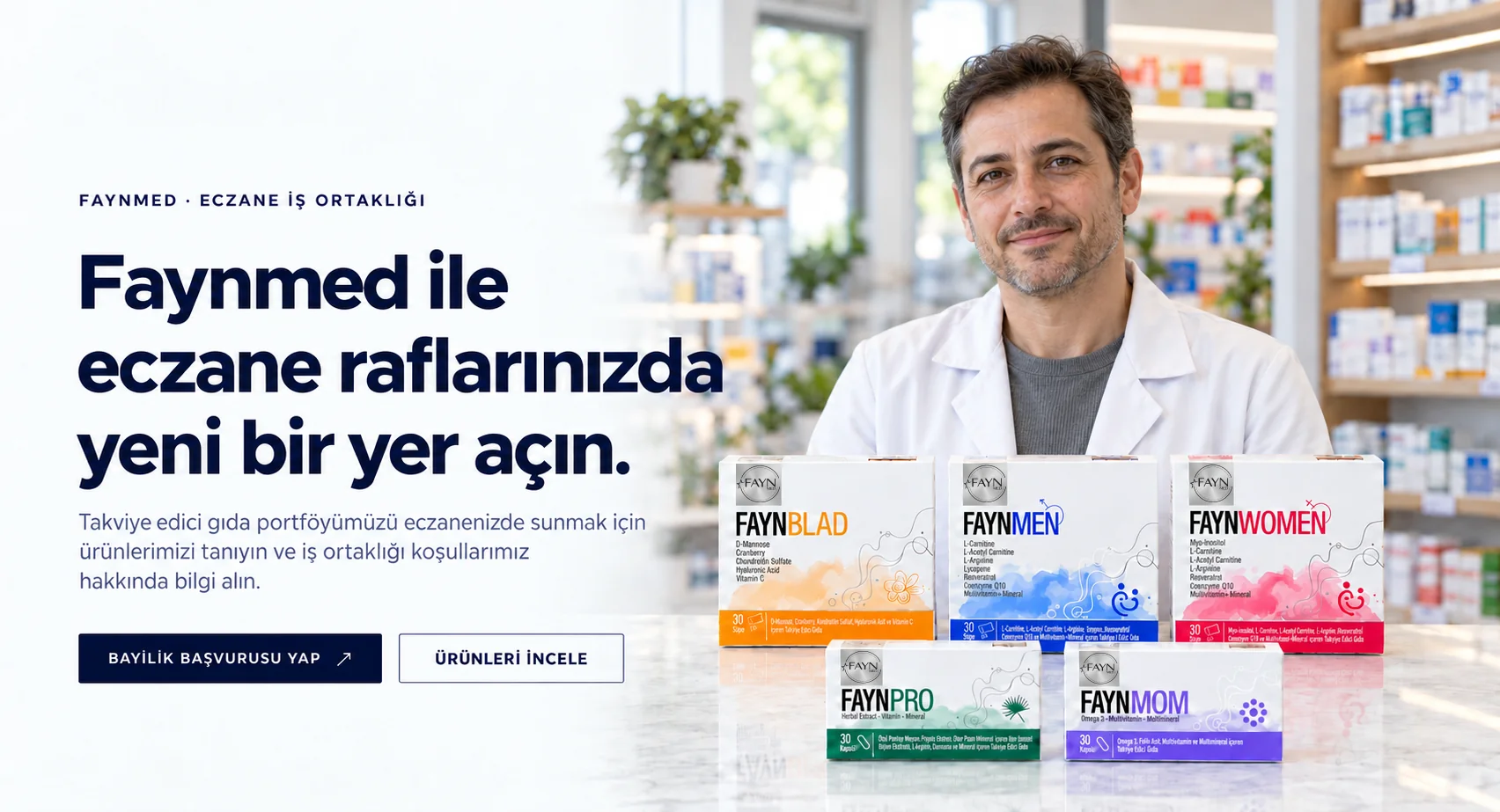 Faynmed ile eczane raflarınızda yeni bir yer açın. Bayilik başvurusu yapın, ürünleri inceleyin.