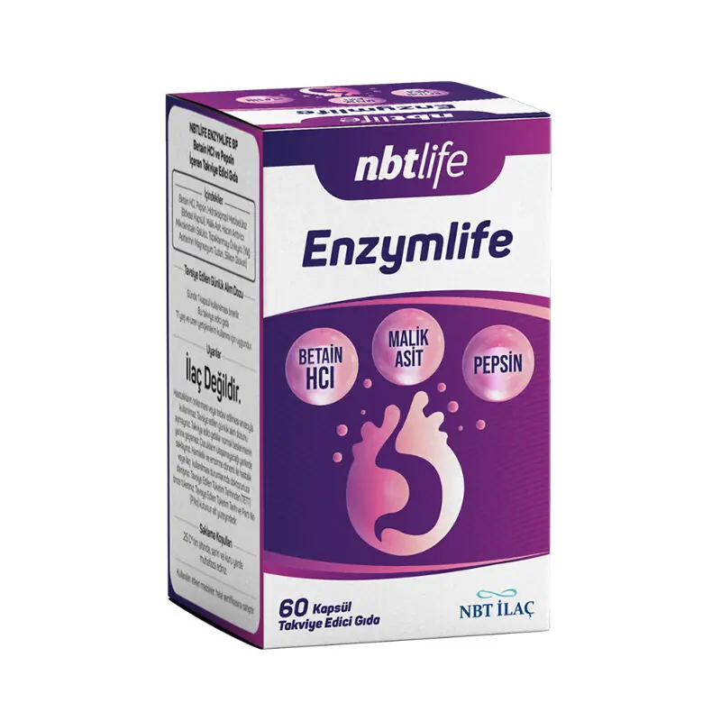NBT Life Enzymlife Kapsül Betain Pepsin İçeren Takviye Edici Gıda 60 Kapsül kutu ve ambalaj