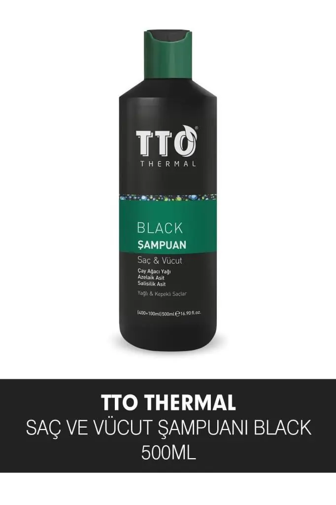 TTO Thermal Black Arındırıcı Saç ve Vücut Şampuanı 500 ml ürün ambalajı