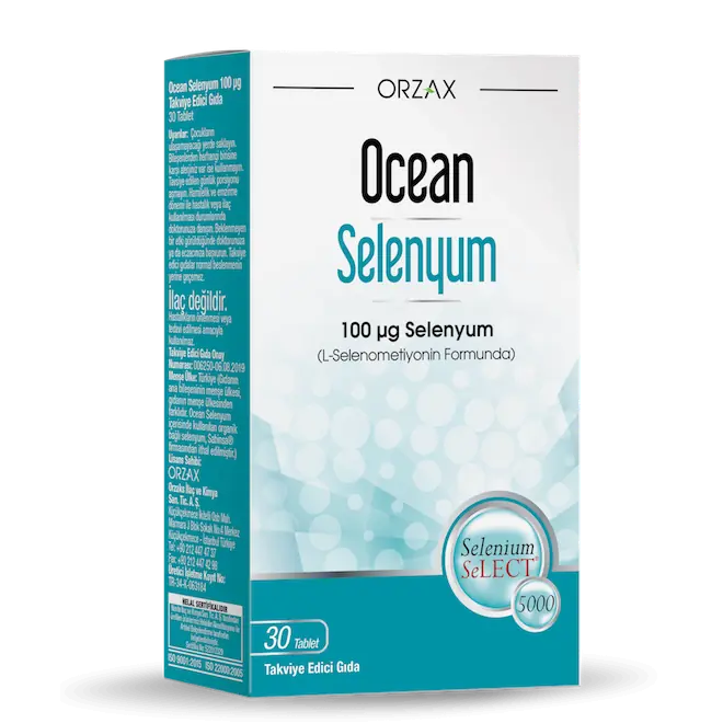 Orzax Ocean Selenyum 100 mcg Antioksidan Takviye 30 Tablet kutu ve ambalaj