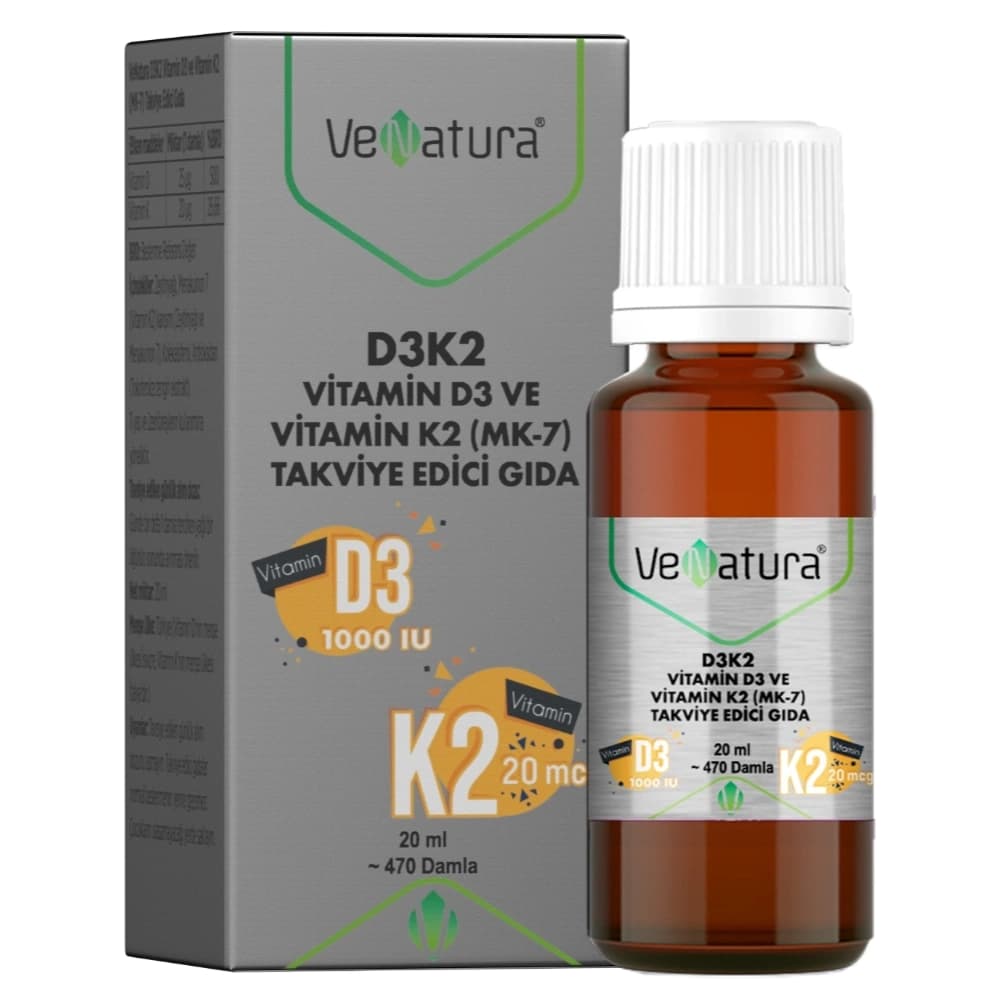 VeNatura D3K2 Damla Vitamin D3 ve K2 (MK-7) 20 ml kutu ve ambalaj