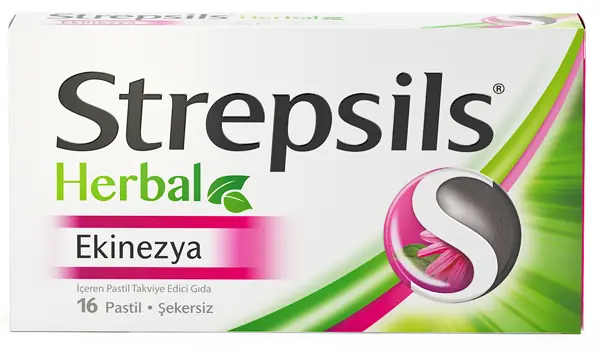 Strepsils Herbal Ekinezya Pastil Ekinezya Takviyesi 16 Pastil kutu ve ambalaj