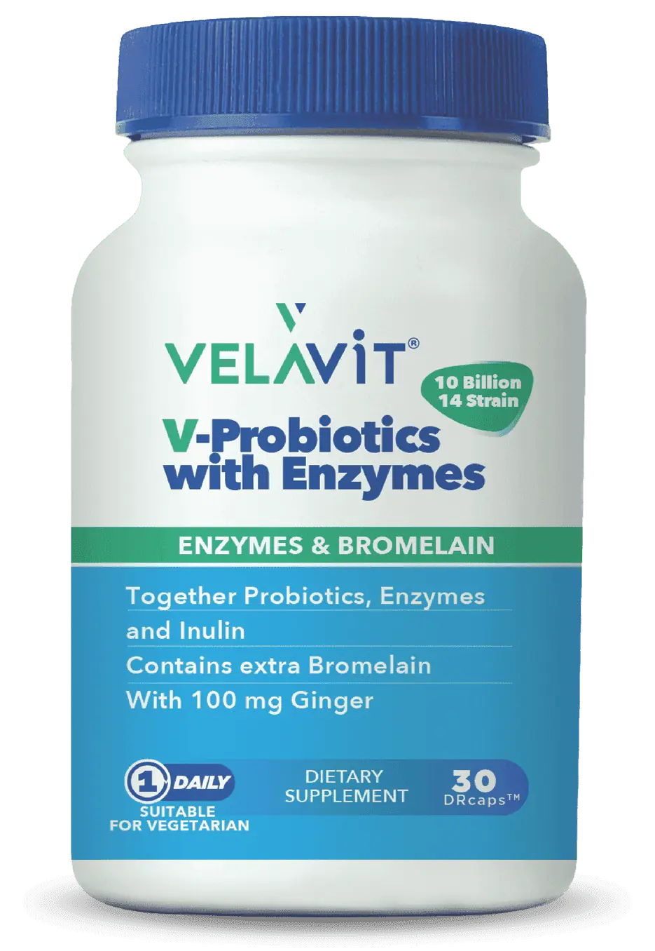 Velavit V-Probiotics Enzim İnülin Zencefil İçeren Probiyotik 30 Kapsül kutu ve ambalaj