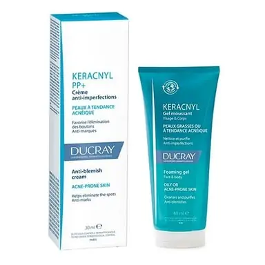 Ducray Keracnyl PP+ Krem 30 ml + Keracnyl Jel 40 ml Hediye doku ve uygulama görseli