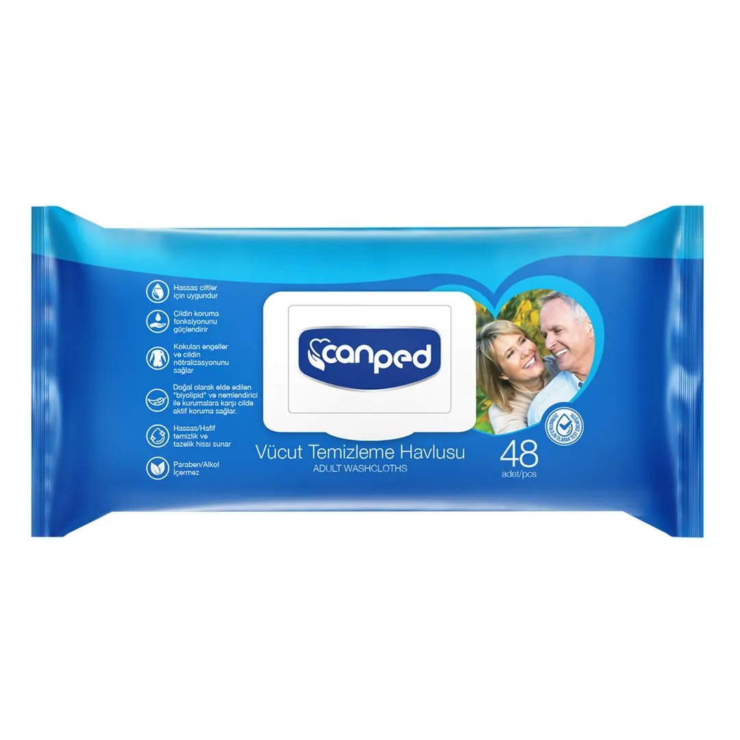 Canped Vücut Temizleme Havlusu Büyük Boy 48 Adet ürün ve ambalaj