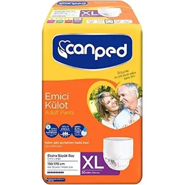 Canped Emici Külot Ekstra Büyük Boy (XL) Ekonomik Paket 30 Adet (130-170 cm) ürün ve ambalaj