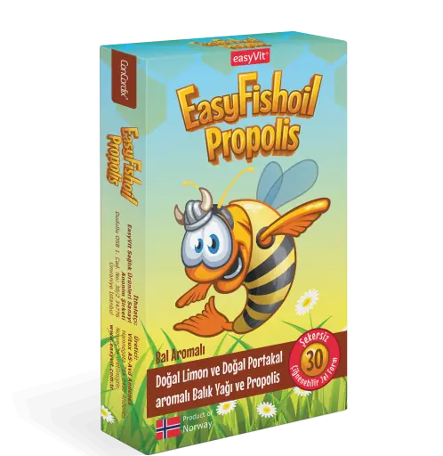Easyvit EasyFishoil Propolis Balık Yağı Çiğnenebilir Jel Limon ve Portakal 30 Adet kutu ve ambalaj