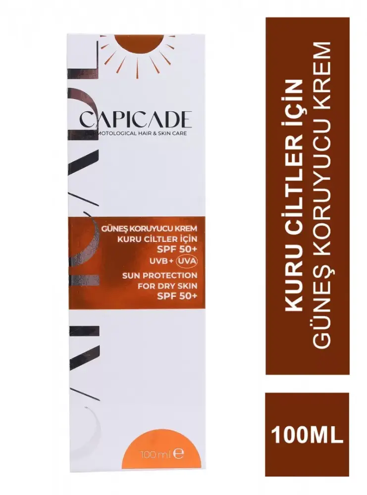 Capicade Sun Güneş Kremi Kuru Ciltler İçin SPF50+ 100 ml ürün ambalajı