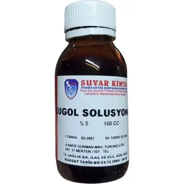 Suvar Kimya Suvar Lugol Solüsyonu %5 İyot Çözeltisi 100 ml kutu ve ambalaj