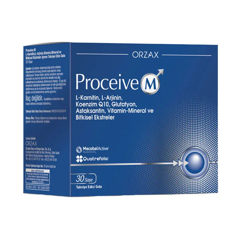 Orzax Proceive M Saşe L-Karnitin L-Arjinin Koenzim Q10 Ginseng Vitamin Mineral Takviyesi 30 Saşe kutu ve ambalaj