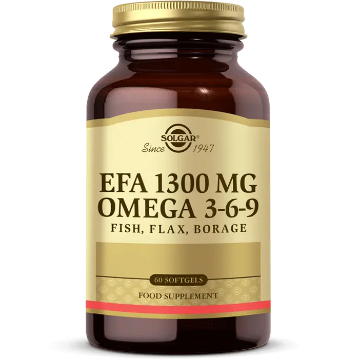 Solgar EFA Omega 3 6 9 Dengeli Yağ Asitleri 60 Kapsül kutu ve ambalaj