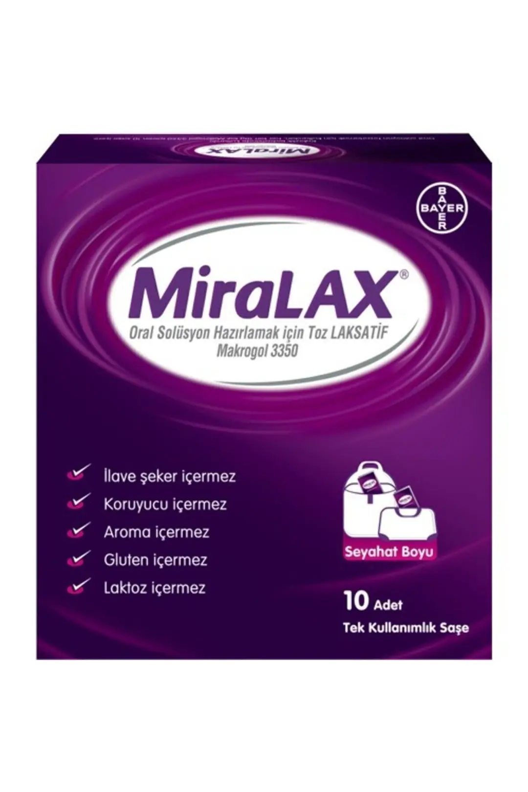 Miralax Oral Solüsyon Hazırlamak İçin Toz Laksatif Makrogol 3350 10 g 10 Saşe kutu ve ambalaj