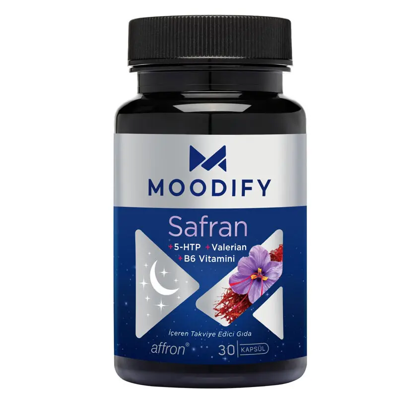 Moodify Safran Kapsül Safran Magnezyum Valerian B6 Vitamini Takviye Edici Gıda 30 Kapsül kutu ve ambalaj