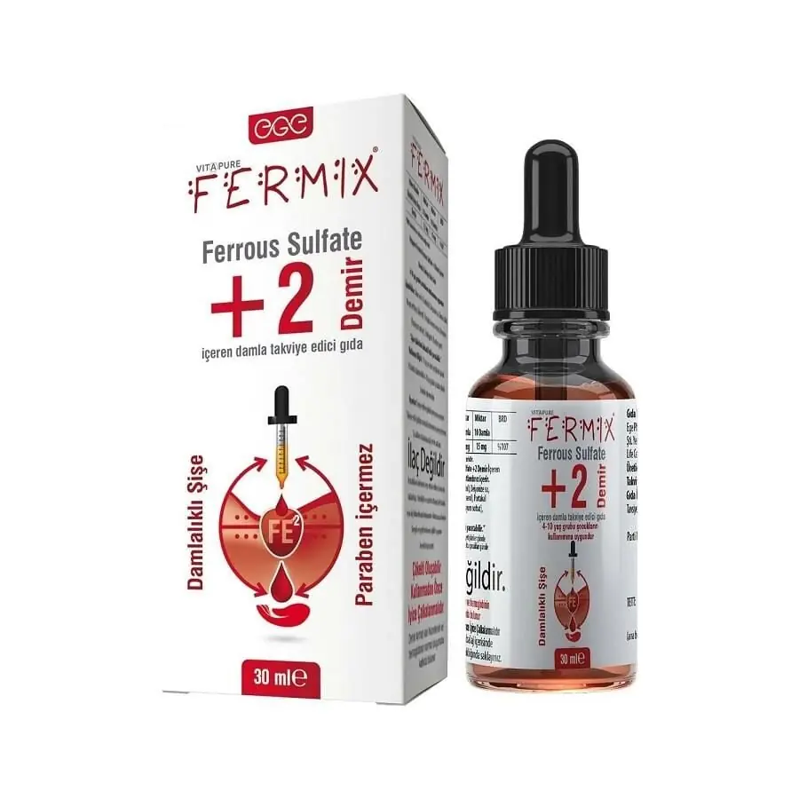 Vitapure Fermix Oral Damla Ferrous Sulfate 2 Demir İçeren Damla Takviye Edici Gıda 30 ml kutu ve ambalaj