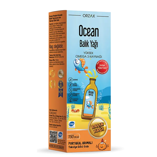 Orzax Ocean Portakal Aromalı Balık Yağı Şurubu Çocuklar İçin 150 ml kutu ve ambalaj