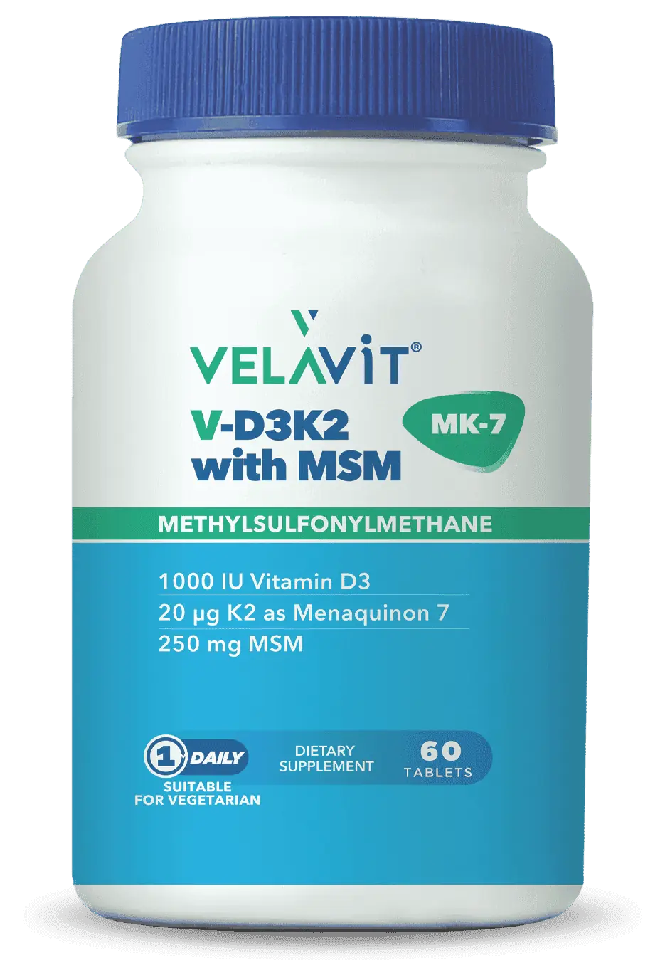 Velavit V-D3K2 MSM D3K2 Vitamini ve MSM İçeren Takviye 60 Tablet kutu ve ambalaj