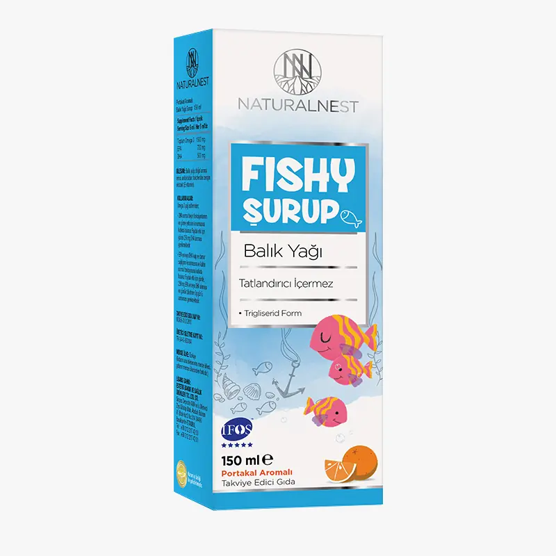 Naturalnest Fishy Balık Yağı Şurubu Portakal Aromalı 150 ml kutu ve ambalaj