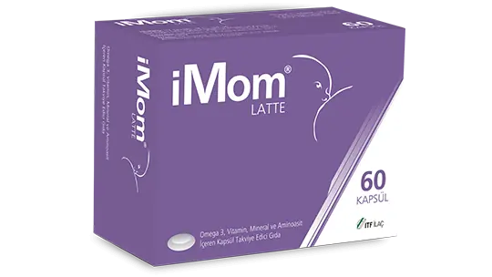 IMom Latte Kapsül Omega-3 Vitamin Mineral Aminoasit Takviyesi 60 Kapsül kutu ve ambalaj