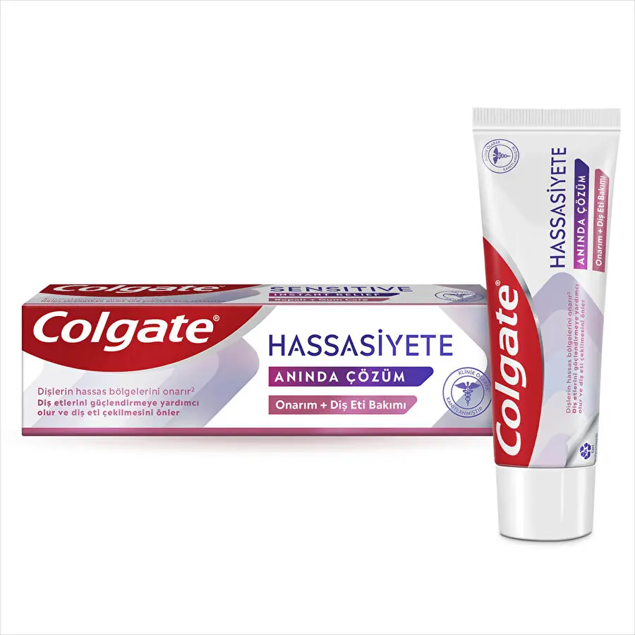 Colgate Hassasiyete Anında Çözüm Onarım ve Diş Eti Bakımı Diş Macunu 75 ml kutu ve ambalaj