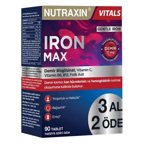 Nutraxin Iron Max 3 Al 2 Öde 90 kutu ve ambalaj
