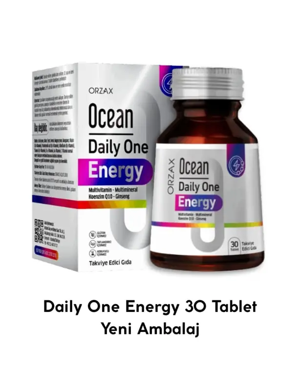 Orzax Ocean Daily One Energy Tablet Ginseng Multivitamin ve Mineral İçeren Takviye Edici Gıda 30 Tablet kutu ve ambalaj