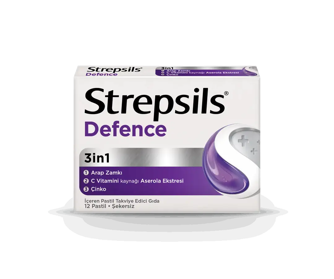 Strepsils Defence Pastil Arap Zamkı Aserola Çinko Takviyesi 12 Pastil kutu ve ambalaj