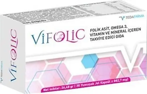 Tedafarma Vifolic Folik Asit Omega 3 Vitamin ve Mineral İçeren Takviye Edici Gıda 30 Kapsül kutu ve ambalaj