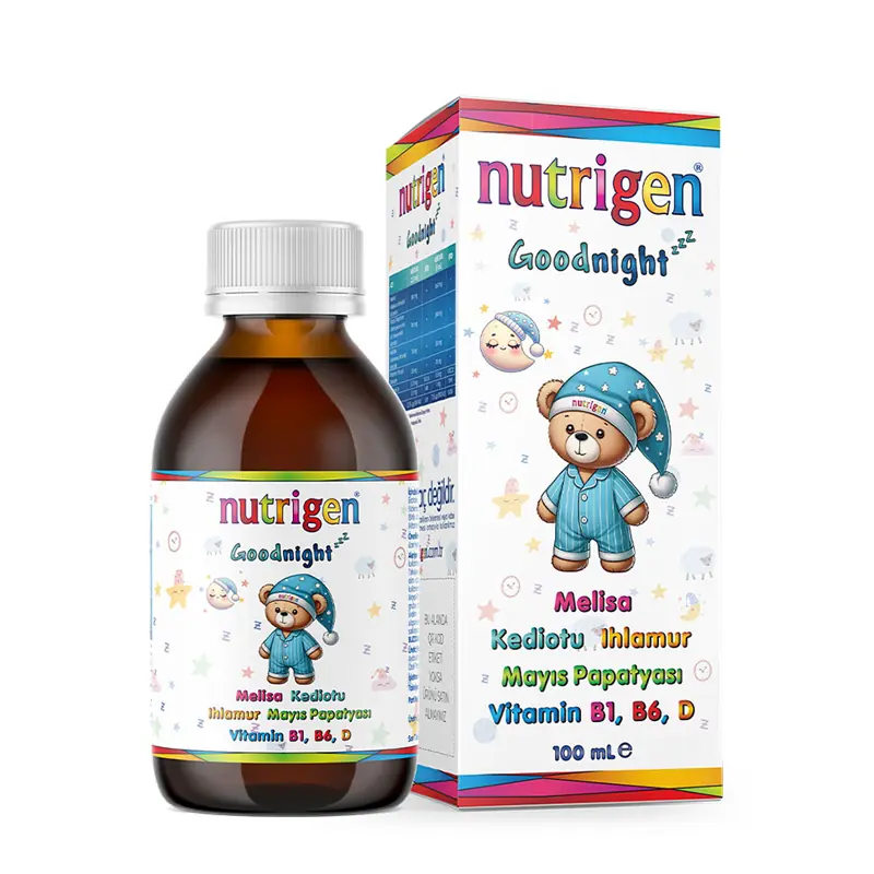 Nutrigen Good Night Melisa Mayıs Papatyası Kedi Otu Ihlamur Vitamin Takviyesi 100 ml Şişe kutu ve ambalaj