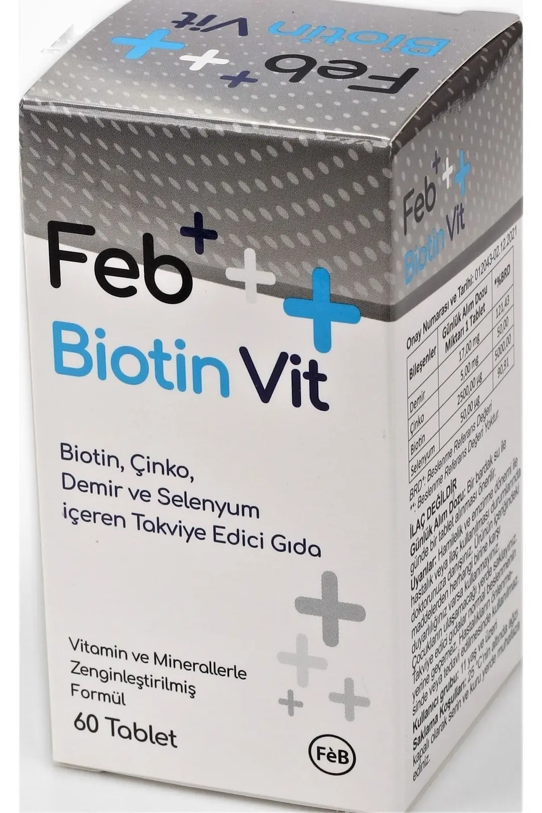 FEB Biotin Tablet Saç Tırnak Cilt Desteği 60 Kapsül kutu ve ambalaj