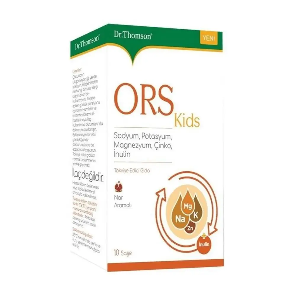 Dr.Thomson Dr. Thomson ORS Kids Çocuk Elektrolit Takviyesi 10 Saşe kutu ve ambalaj
