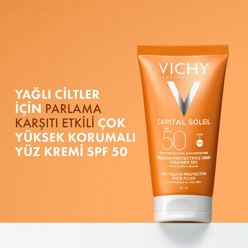 Vichy Capital Soleil Dry Touch Fluid SPF50+ 50 ml doku ve uygulama görseli