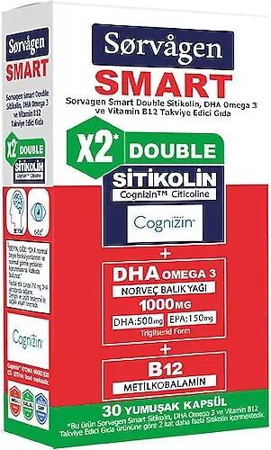 Sorvagen Smart Double Sitikolin DHA Omega 3 B12 Vitamini 30 Kapsül kutu ve ambalaj