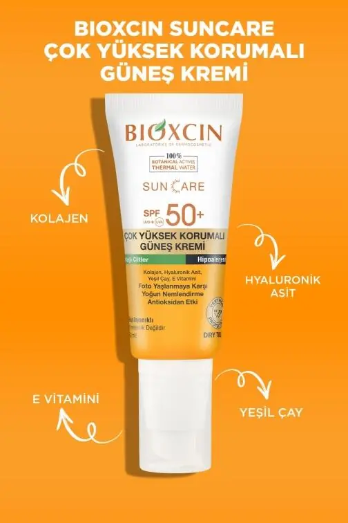 Bioxcin Care Güneş Kremi Yağlı Ciltler SPF50+ 50 ml doku ve uygulama görseli