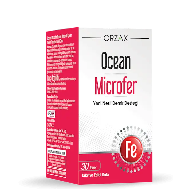 Orzax Ocean Microfer Demir Tablet Yetişkinler İçin 30 Tablet kutu ve ambalaj