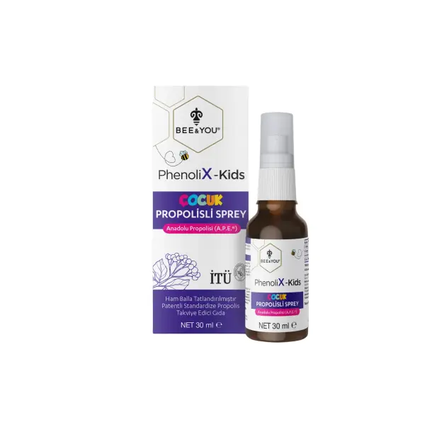Bee & You Bee ve You Phenolix-Kids Oral Sprey Kara Mürver ve Propolis 30 ml ürün ambalajı