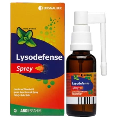 Abdi İbrahim Lysodefense Sprey Lizozim B6 Vitaminli Nane Aromalı Takviye 30 ml kutu ve ambalaj