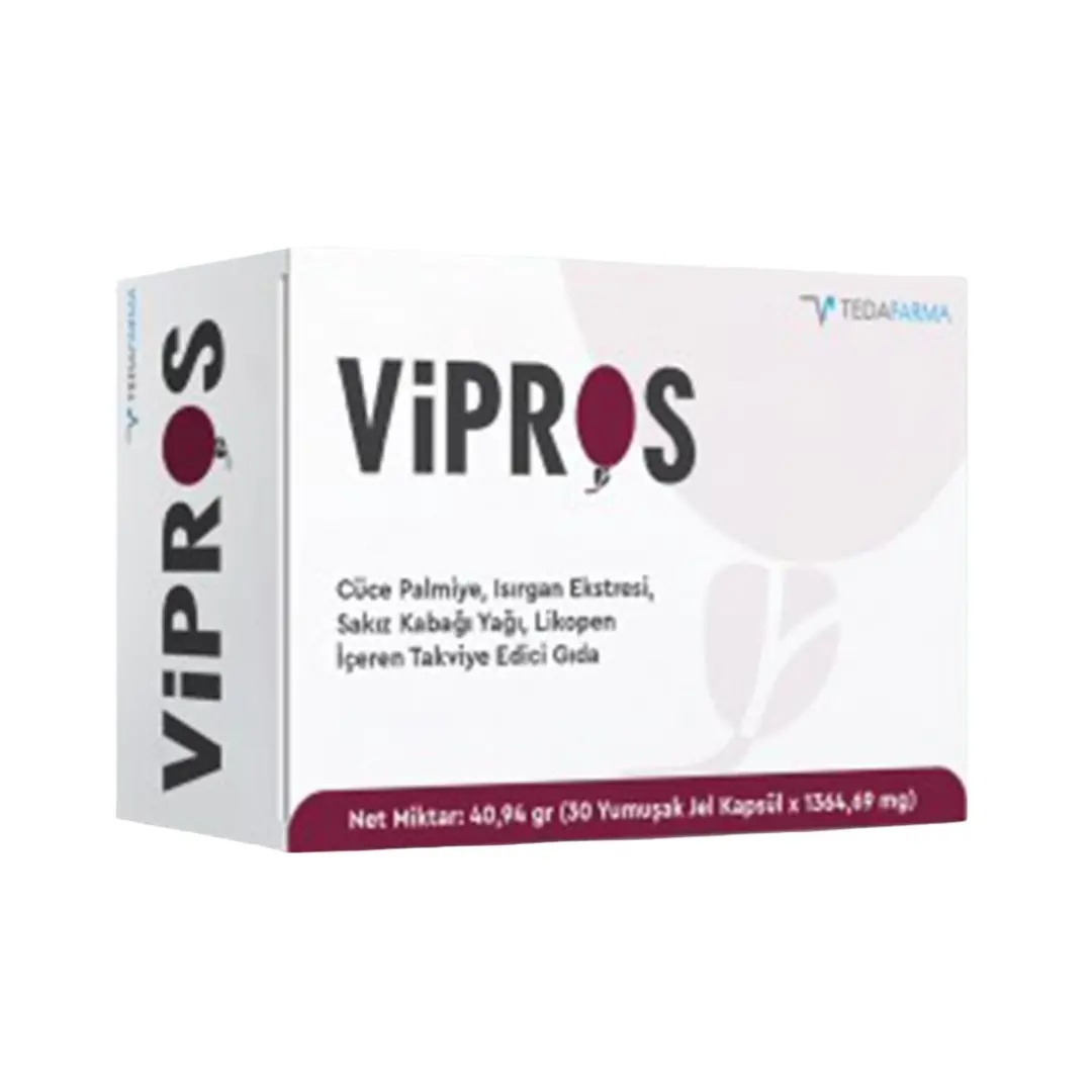 Tedafarma Vipros Kapsül Cüce Palmiye Isırgan Likopen Takviyesi 30 Kapsül kutu ve ambalaj