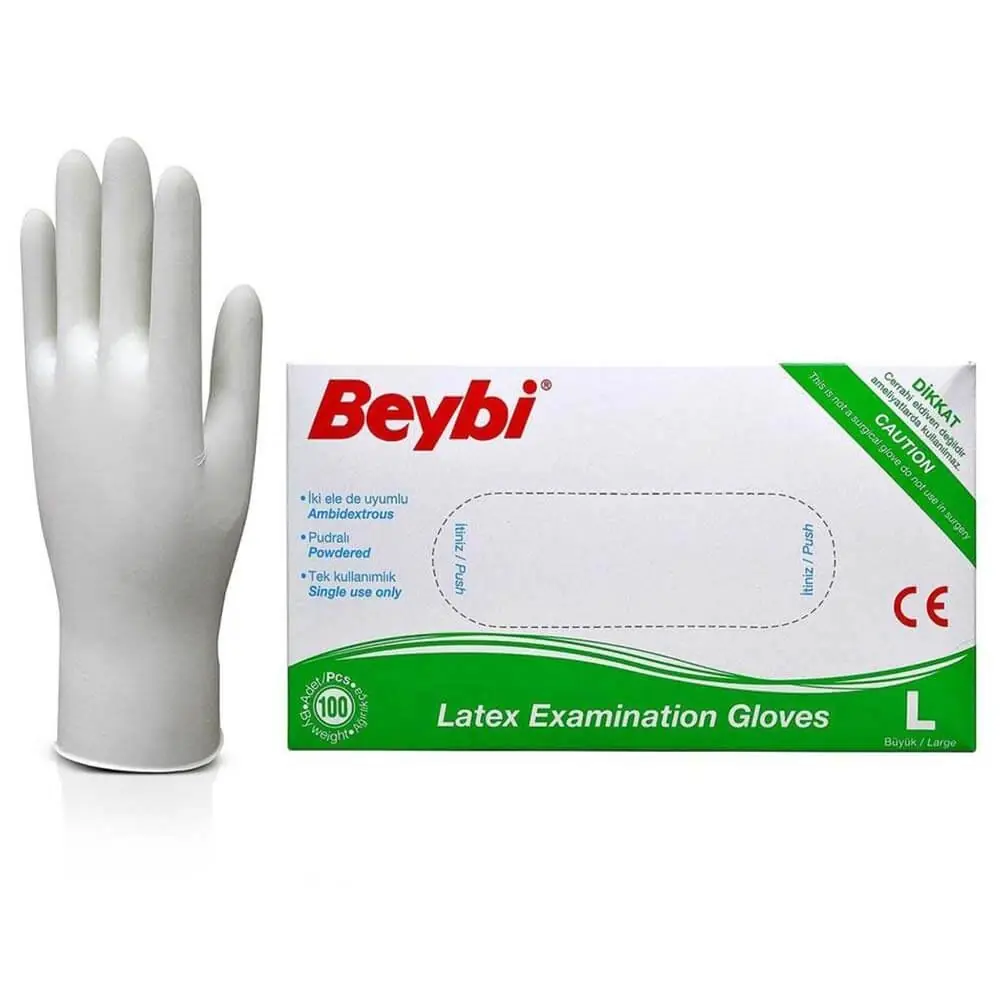 Beybi Lateks Eldiven (L) Büyük Boy 100 Adet (Pudralı) ürün ve ambalaj