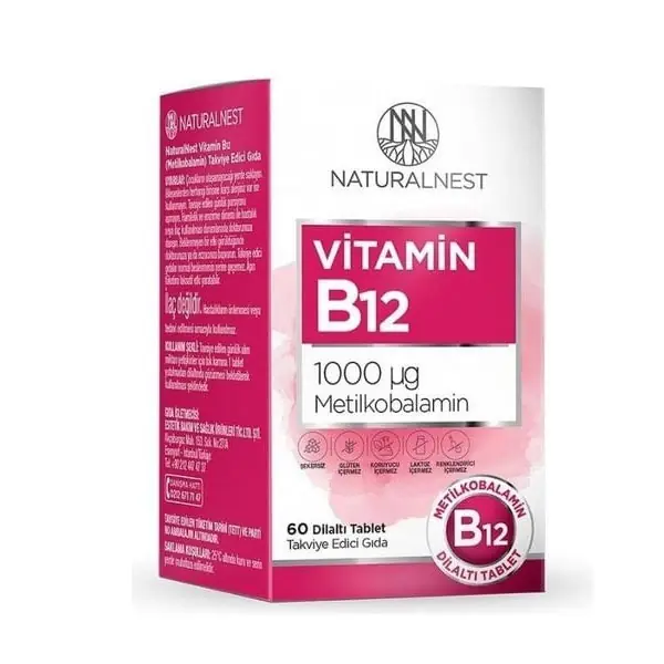 NaturalNest Vitamin B12 Metilkobalamin 60 Tablet kutu ve ambalaj